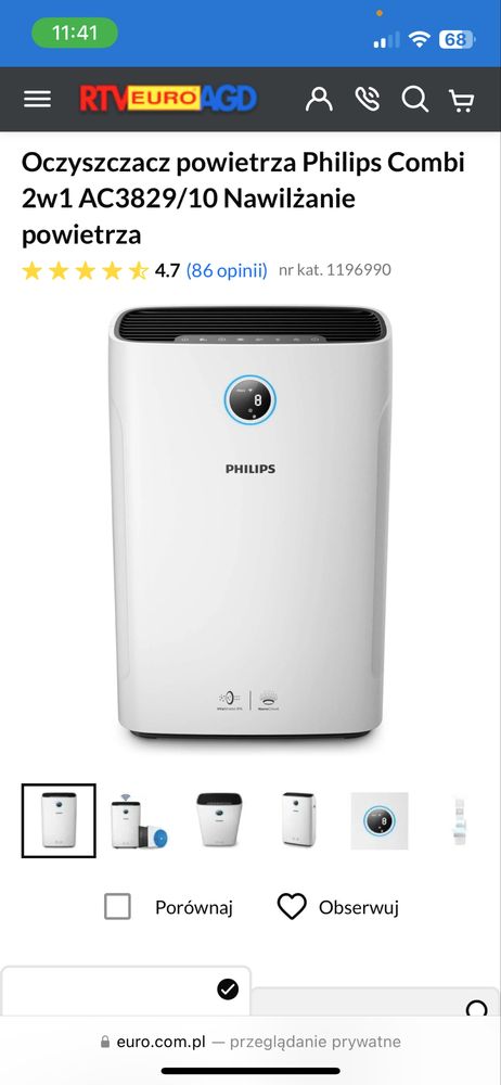 Oczyszczacz powietrza Philips Combi 2w1 AC3829/10 Nawilżanie powietrza