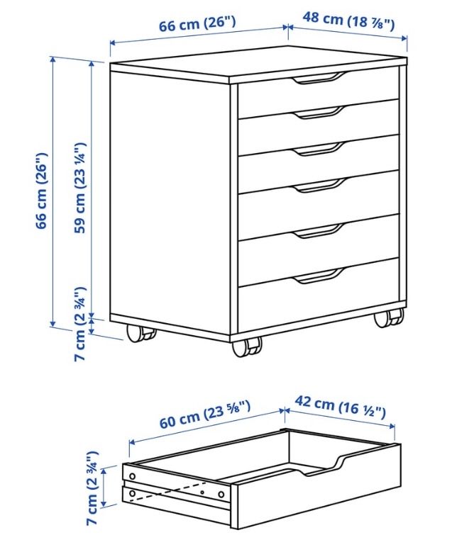 Komoda na kółkach z 6 szufldami IKEA ALEX biała  67x66cm