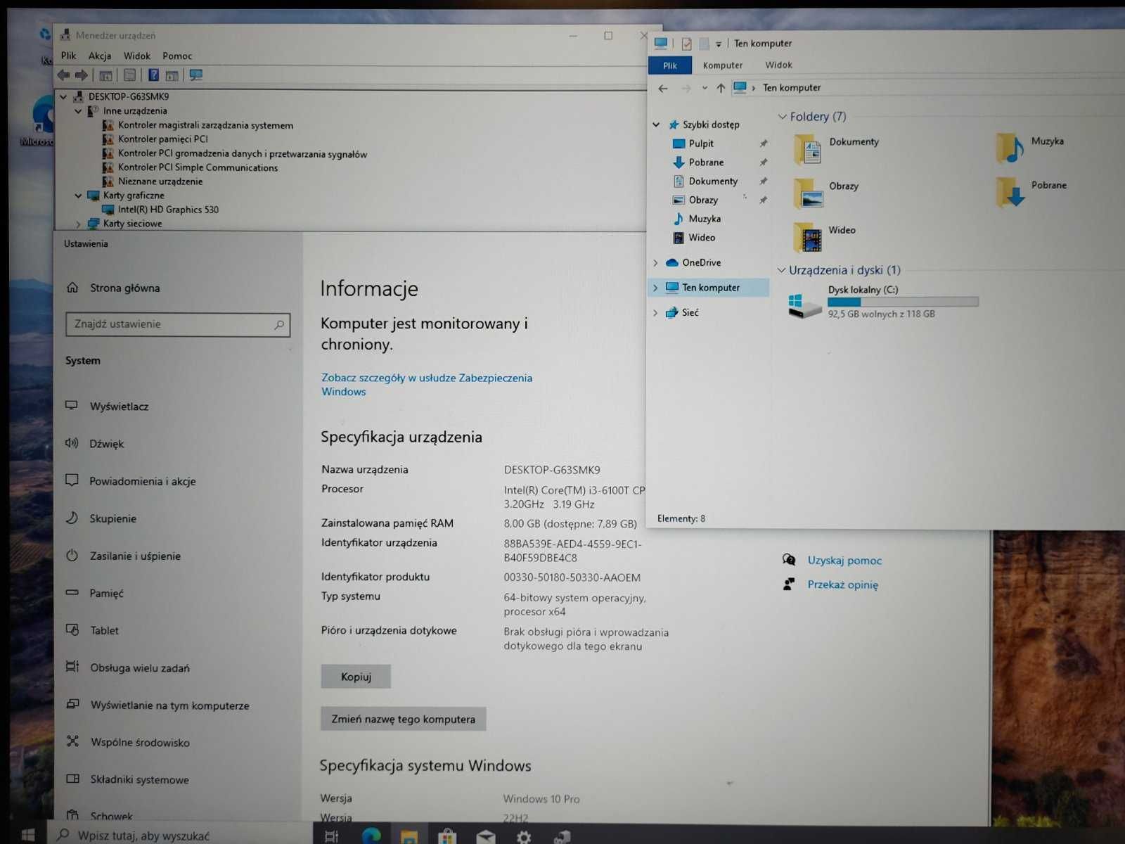 Komputer  M710q Lenovo mini Pc i3 6100T 8/128GB