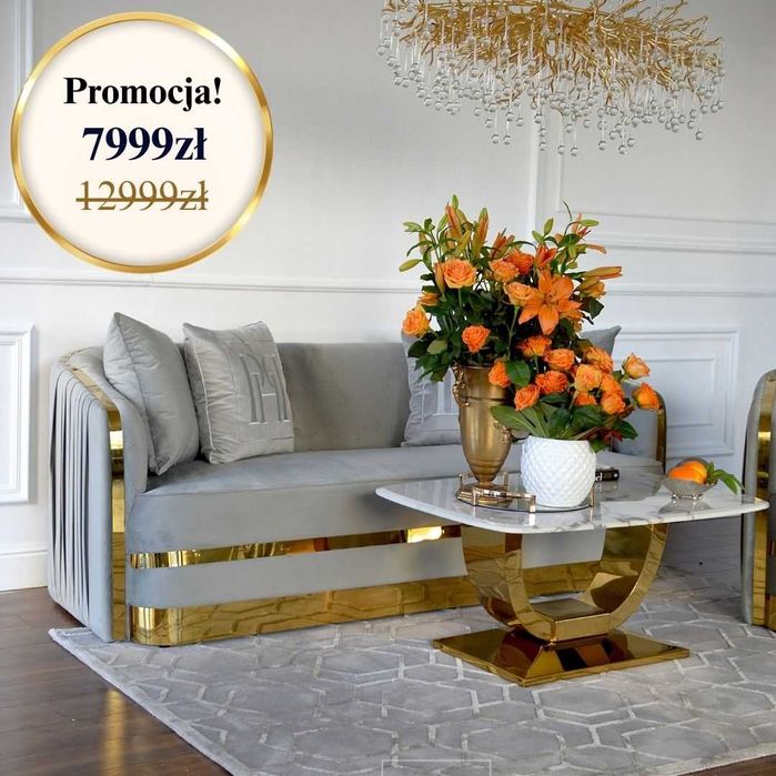 Sofa GLAMOUR MADONNA 210cm Szara Złota Kanapa WELWET OUTLET! -5500zł