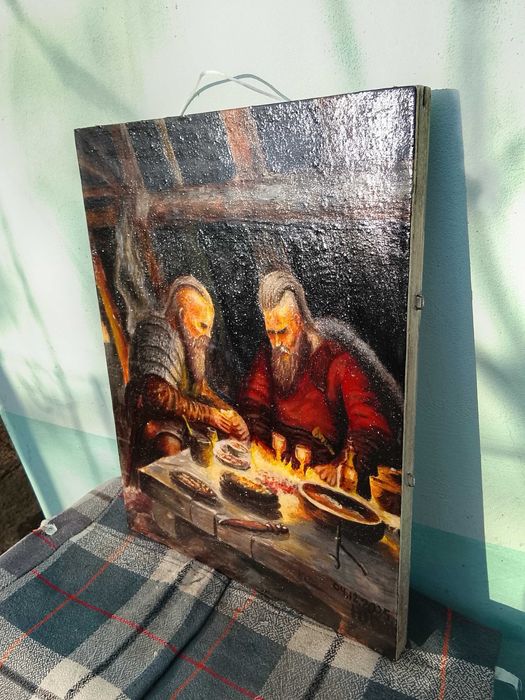 Авторская картина "Викинги у огня". Доска 30х38,5. Акрил.