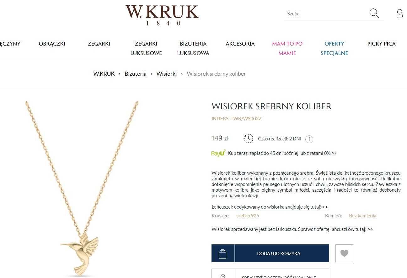 W. Kruk Wisiorek pozłacany koliber