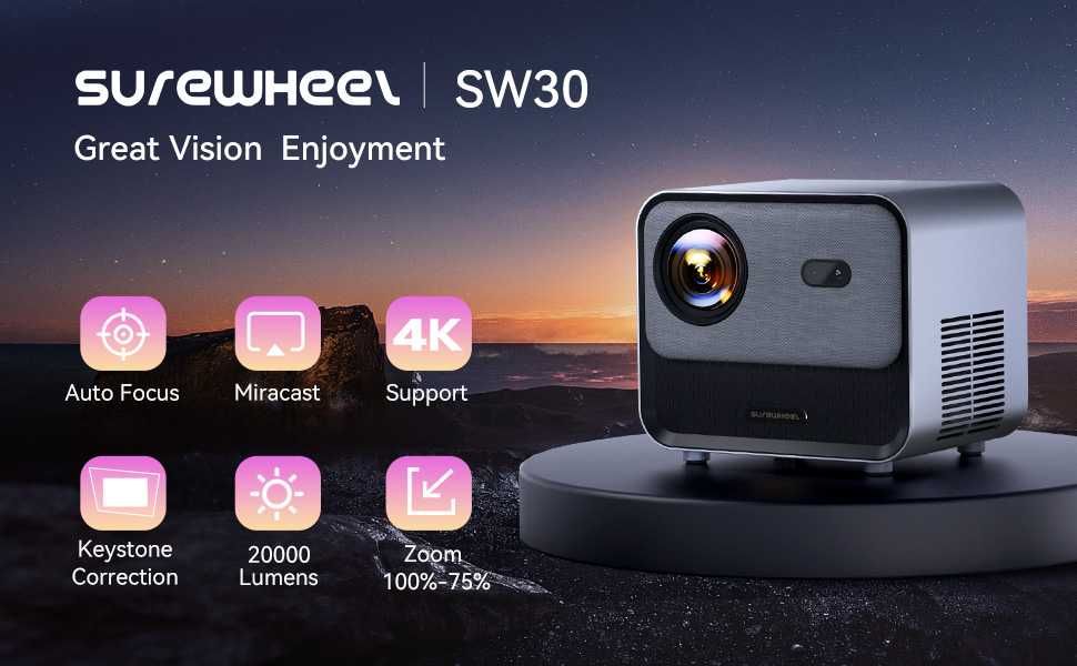 Проектор SUREWHEEL SW30 Full HD 4K LED 20000 Лм,Bluetooth 5.0,Smart TV