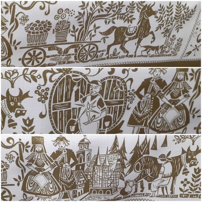 Obrus gruby lniany wzory etno folk biały i ciemna zieleń