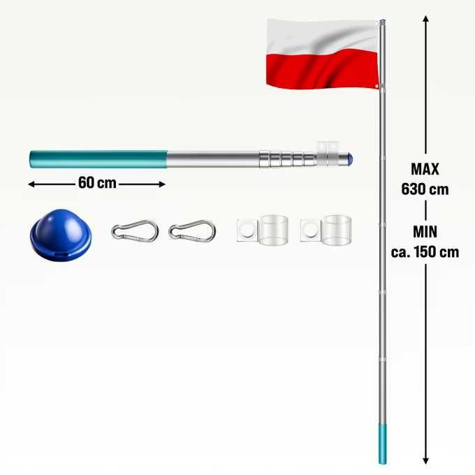 Maszt Aluminiowy Ogrodowy Flagowy 6,3 m +GRATIS Flaga Polski 150x90 cm