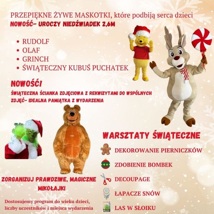 Mikołaj, Śnieżynka, Elfy, Warsztaty Wigilia, Halloween, Bal Karnawałow