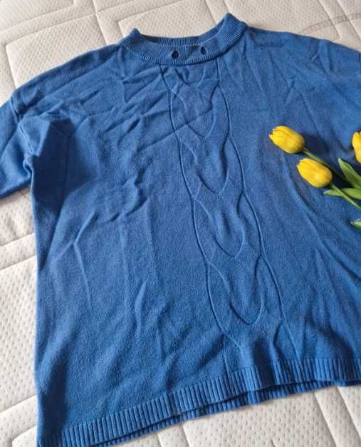 Niebieski sweter z mieszanki Merino Wool , kaszmiru L XL XXL oversize