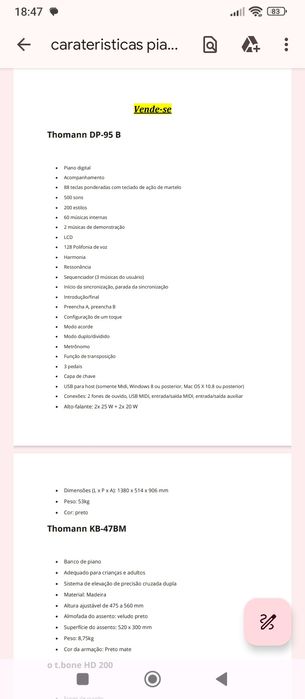 Vende-se Piano Digital Thomann DP-95