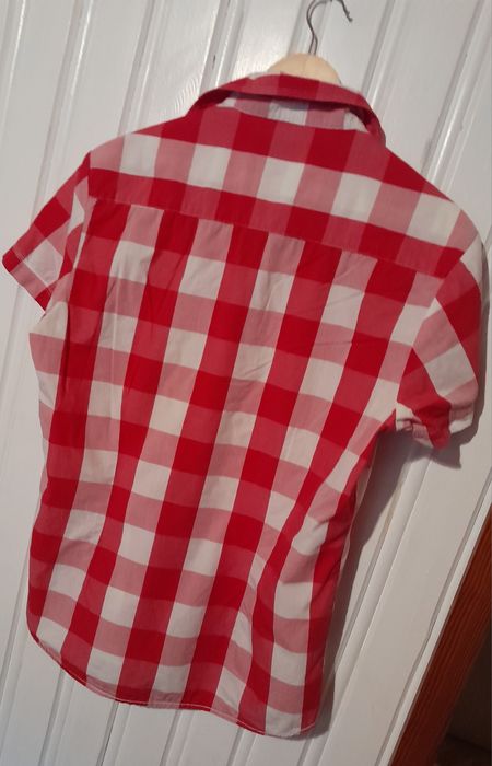 Męska koszula z krótkim rękawem w czerwono-białą kratę. Rozm. L