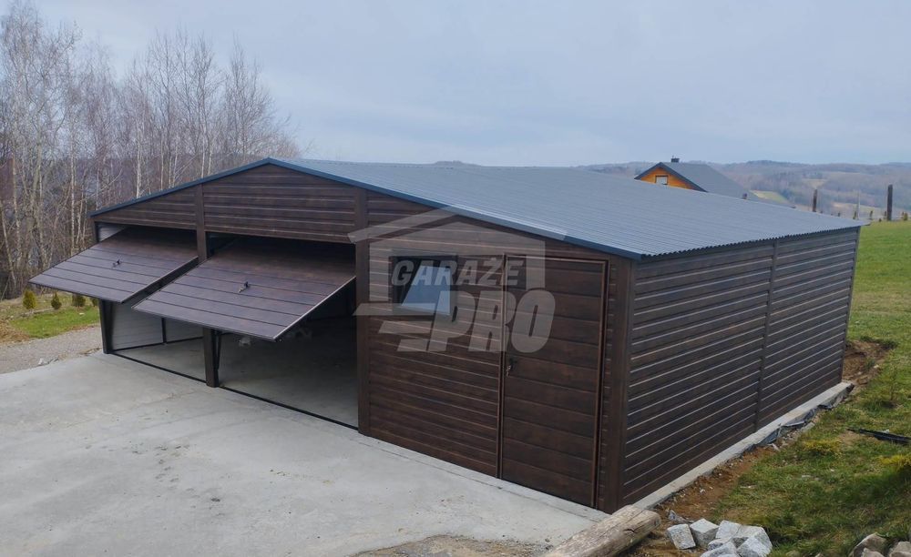 Garaż blaszany 9x6 drzwi - okno - Ciemny orzech Antracyt GP280