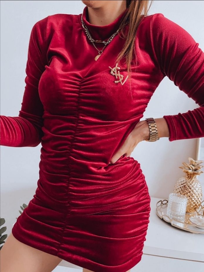 Nowa sukienka welurowa czerwone wino XS S M