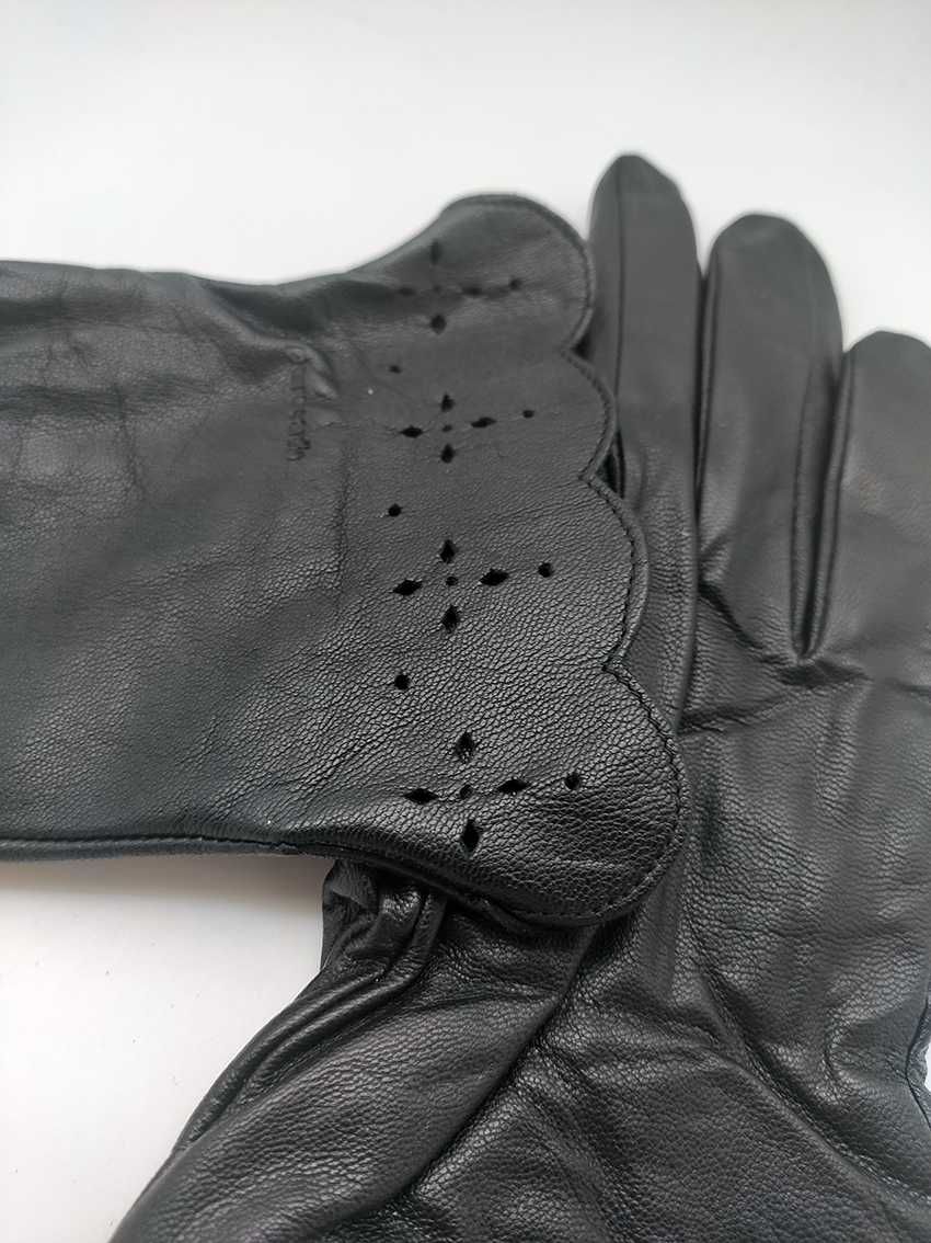 Nowe skórzane rękawiczki damskie Pierre Cardin czarne rozmiary 7, 7,5