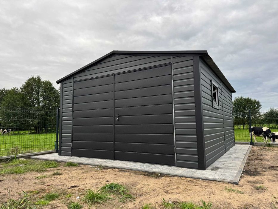 Garaż blaszany 4x6m dwuspadowy, grafit + czarny, profil ocynk