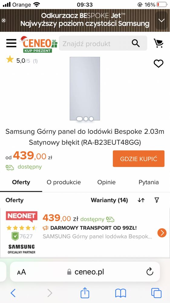 Lodówka Bespoke panel gorny szklany matowy okazja