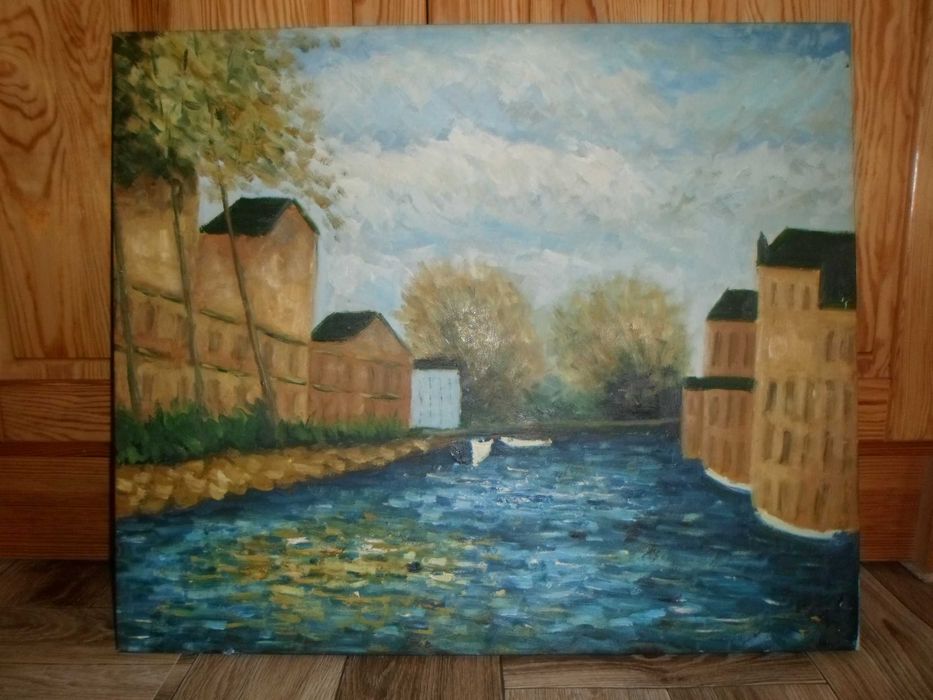 "Krajobraz nad rzeką" - obraz, olej na płótnie lata 70-te