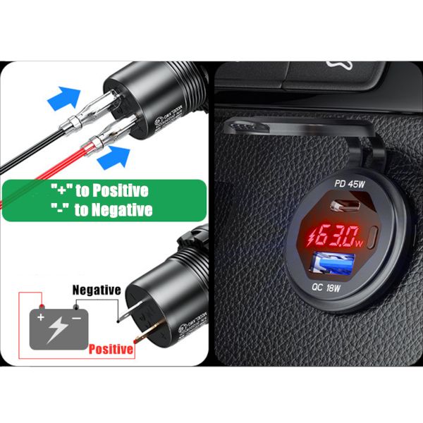 Ładowarka MOTOCYKLOWA samochodowa USB QC3.0 USB-C PD Woltomierz szybki