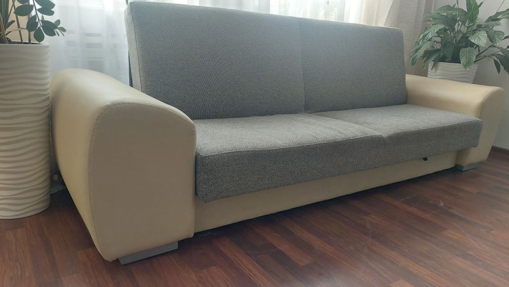 Wersalka sofa kanapa szary melanż plus skórzane podłokietniki