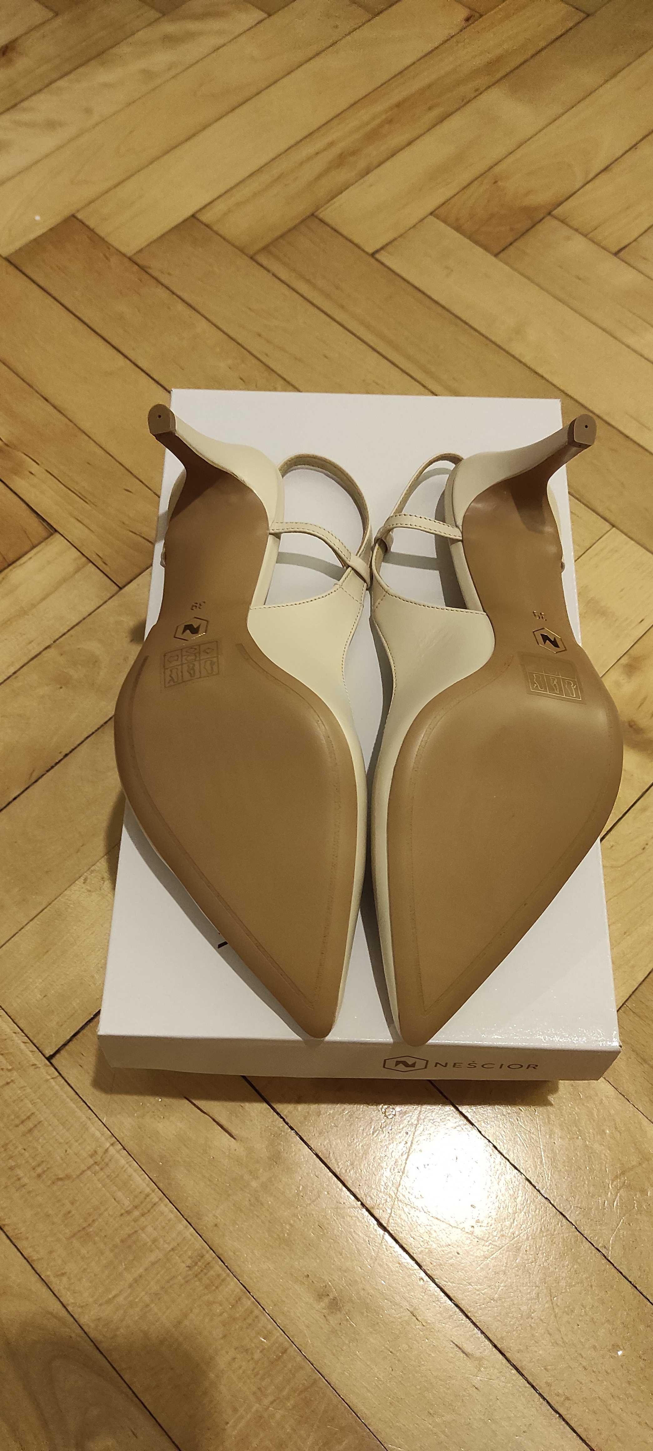 Buty skórzane Neścior czółenka z odkrytą pięta NOWE, NIEUŻYWANE