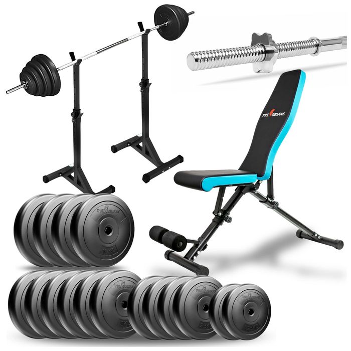 Zestaw kulturystyczny do ćwiczeń 114kg ławeczka stojaki gryf prosty