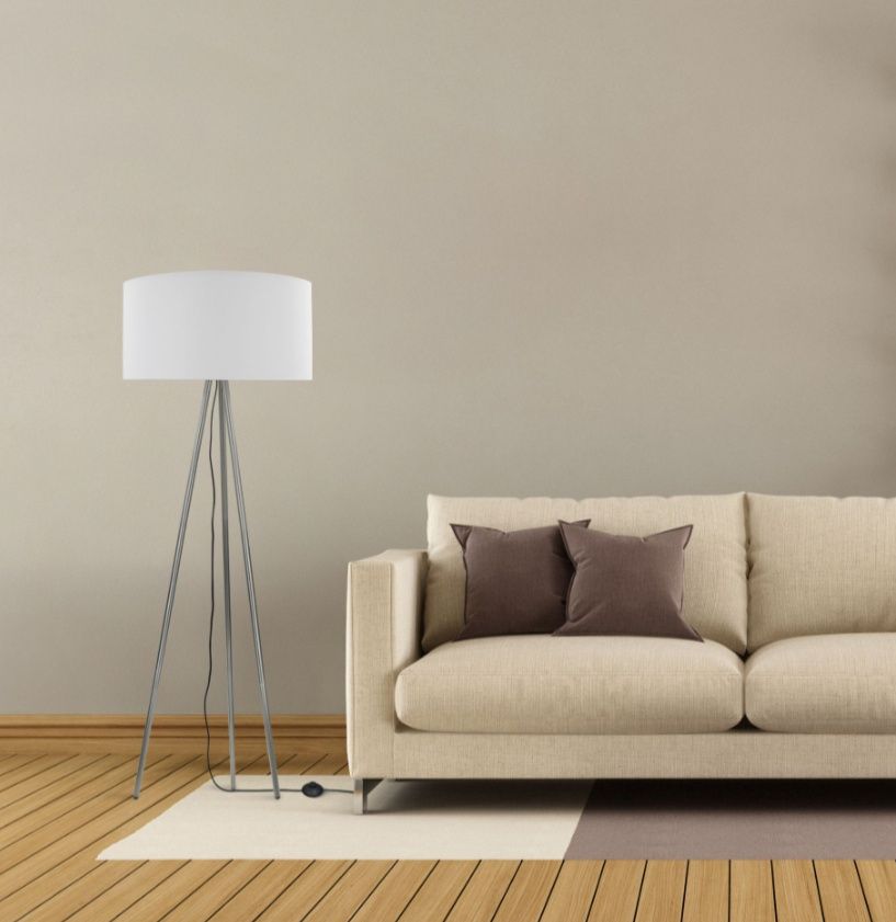 Lampa stojąca podłogowa trójnóg srebna klosz biały 50 cm