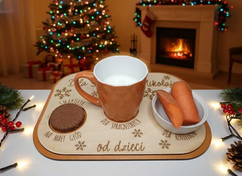 Drewniany talerzyk, ozdobna taca dla Świętego Mikołaja pod choinkę