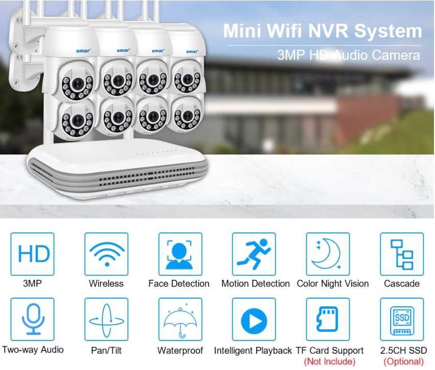 Kit CCTV WiFi videovigilância 8CH 4 câmaras rotativas 3MP