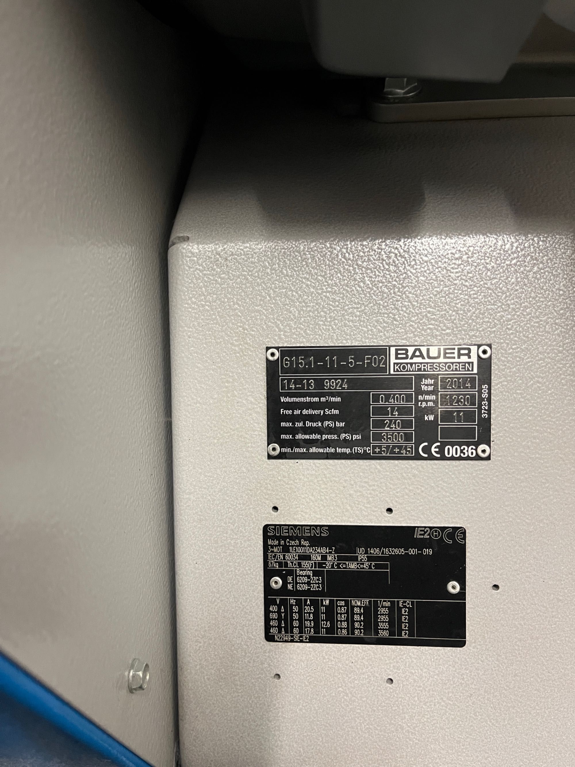 Kompresor BAUER Typ G15.1-11 5F02 SPEZ hel, powietrze