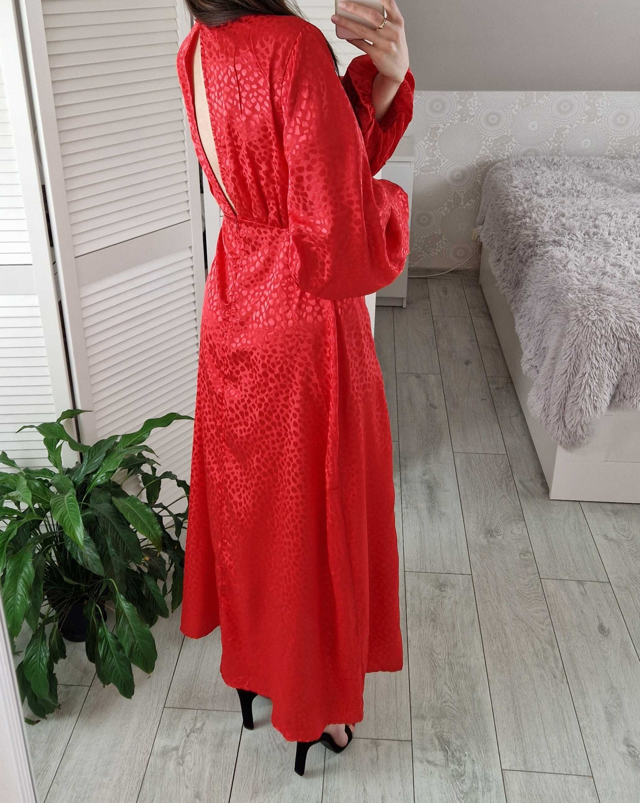 Asos czerwona satynowa sukienka midi maxi z długim rękawem wesele XS S
