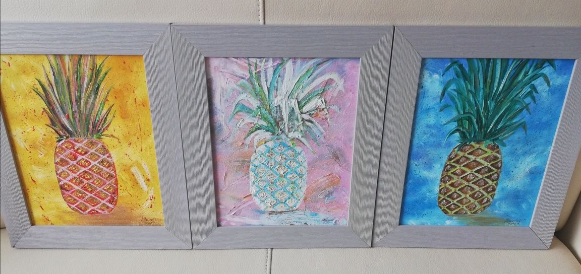 3 x ręcznie malowane obrazki.Zestaw. Ananas.