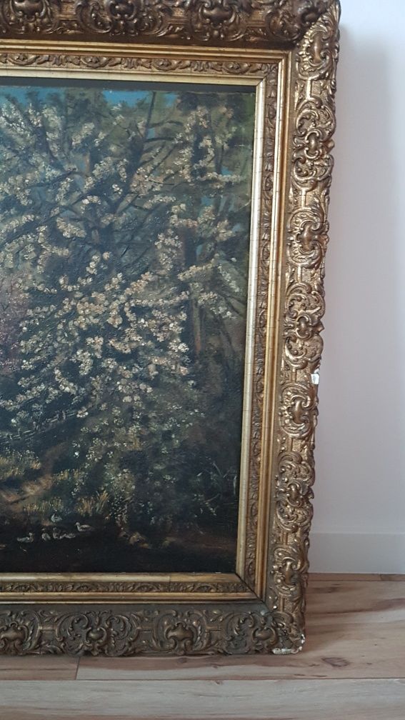 Obraz olejny na płótnie dom nas jeziorem chata  rama pozłacana drewnia
