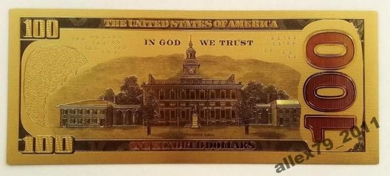 Золотая цветная сувенирная банкнота 100 долларов США 2009 г.