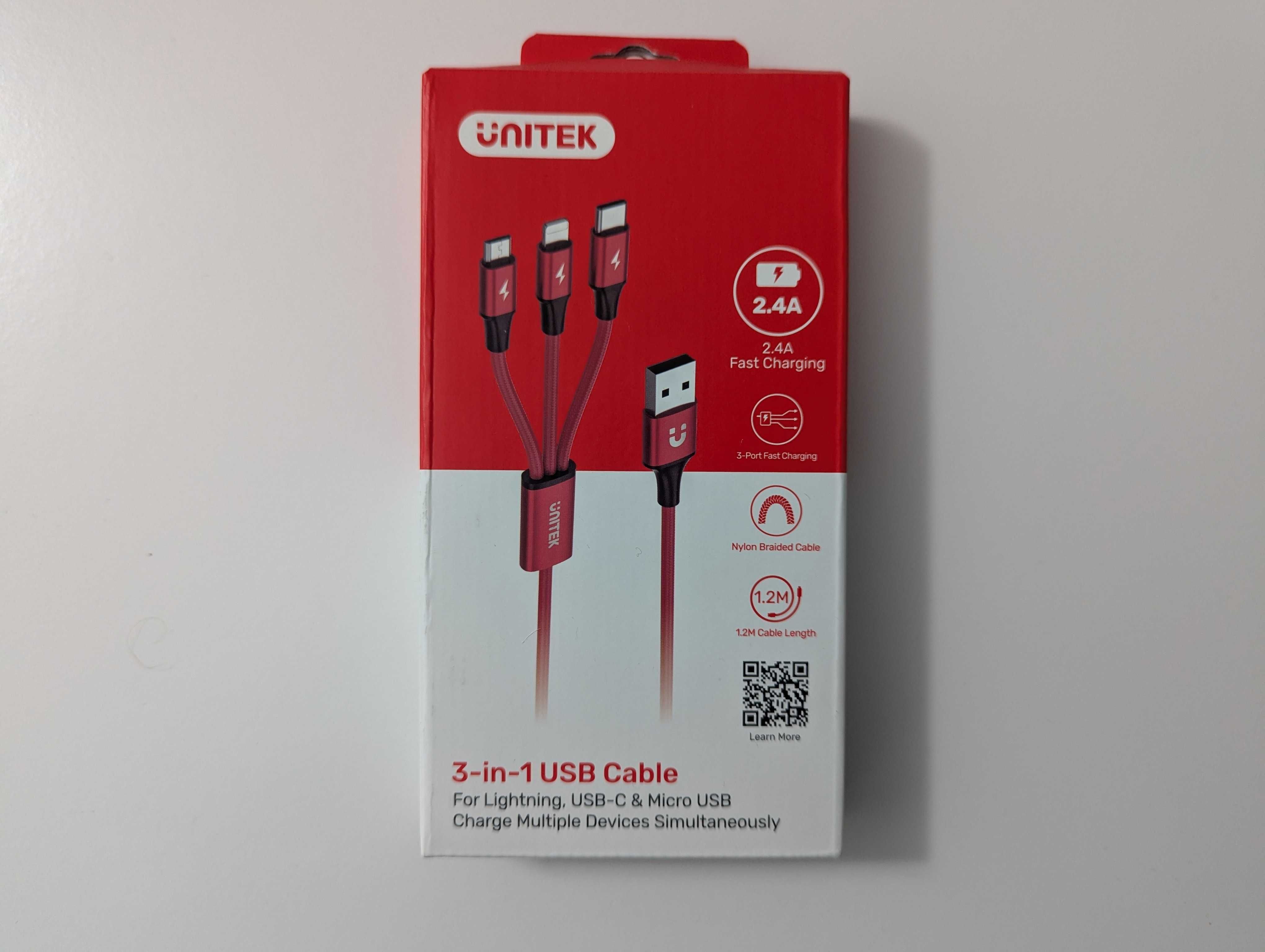 Kabel USB Unitek 3w1 Lightning, micro USB, USB-C 1,2m Nowy