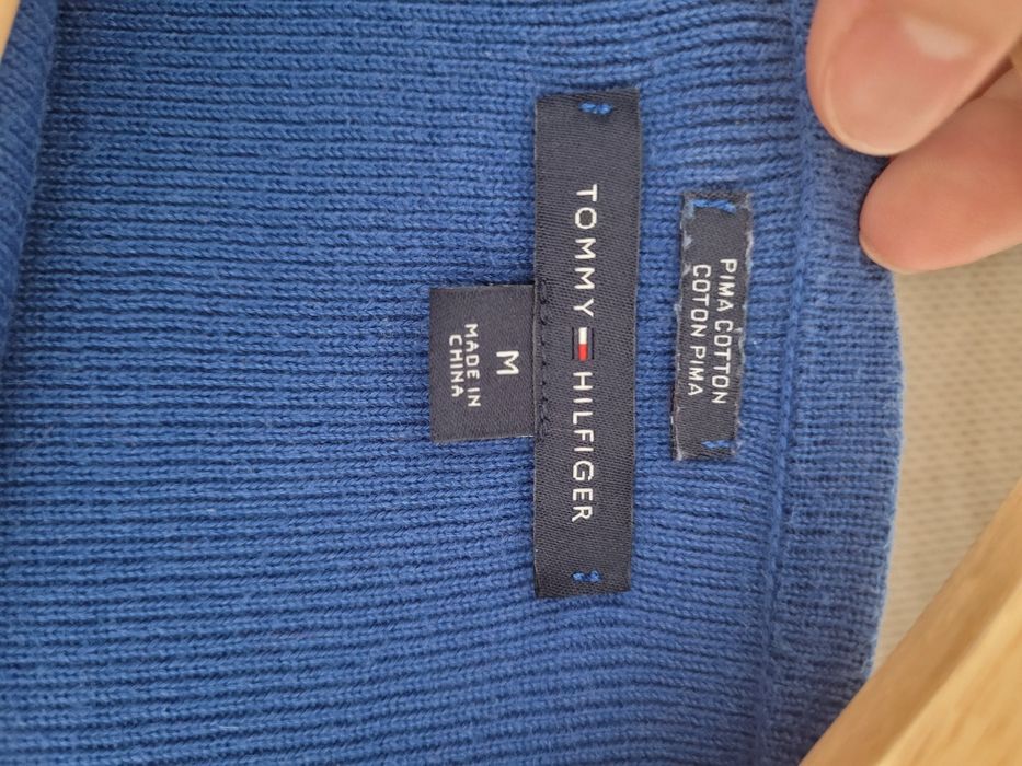 Ciepły damski sweter dekolt łódka Tommy Hilfiger r.M 38 biały niebiesk