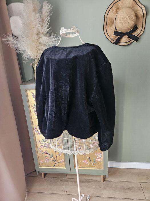 Unikatowy Czarny Żakiet damski Aksamitny/Welurowy Vintage Złote Guziki