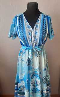 Sukienka długa maxi błękitna turkus niebieska kwiaty boho asymetryczna