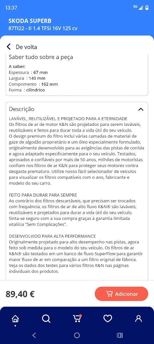 Filtro de caixa kn como novo