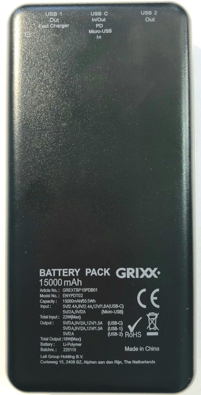 Повербанк GRIXX 15000 3A Fast Charge 18W 5v/9v/12v
