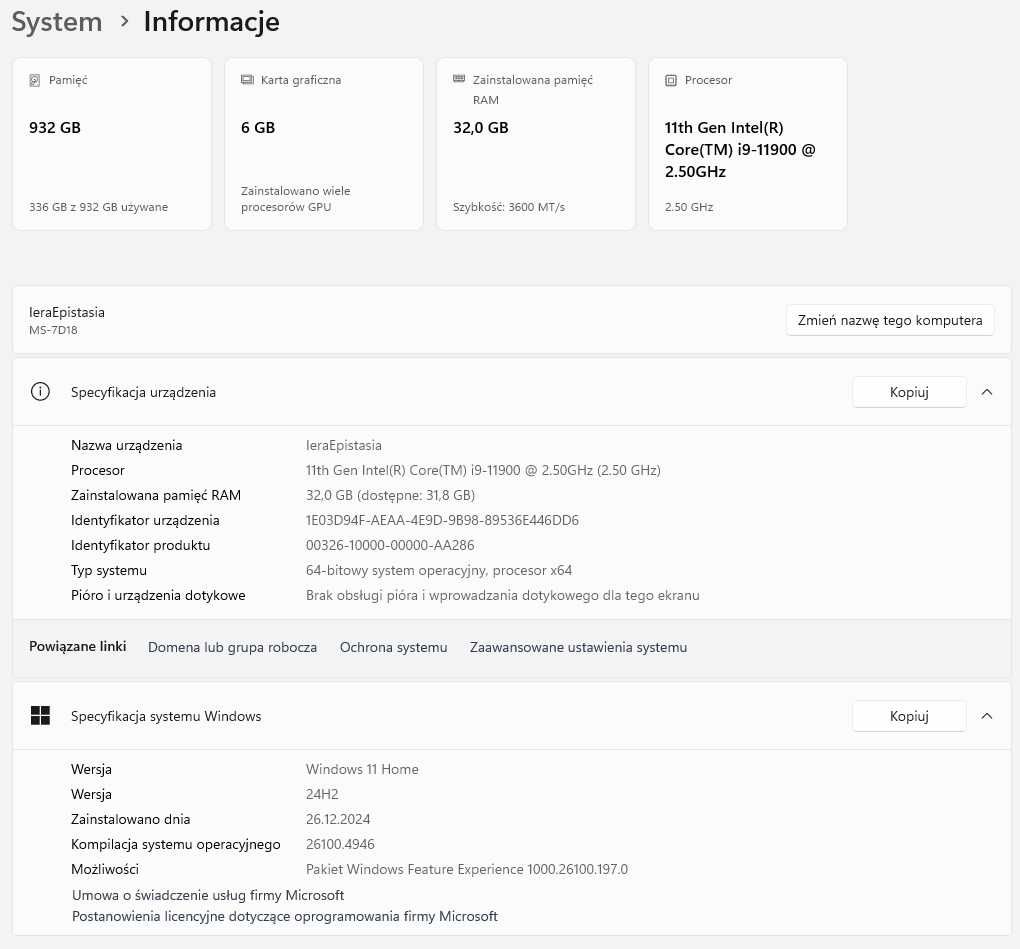 Komputer stacjonarny Intel i9 / 32GB RAM / GTX 1660 / SSD 1TB / WiFi