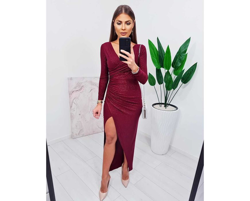 Sukienka długa z rękawem brokatowa bordowa rozporek wesele bal XL 42