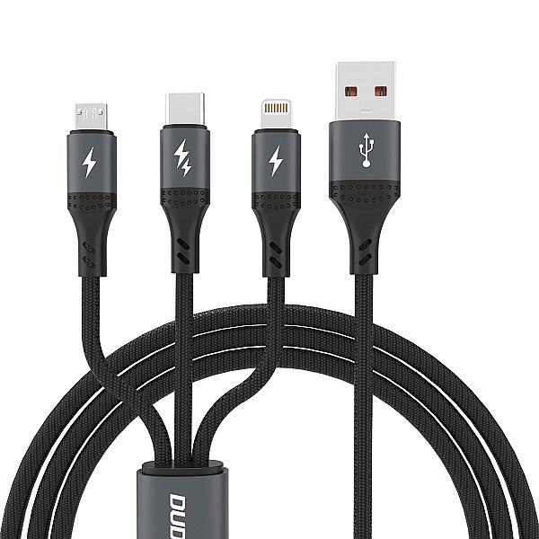 Kabel Dudao L3E 3 w 1/60W MicroUSB USB-C Lightning 1,2m - czarna