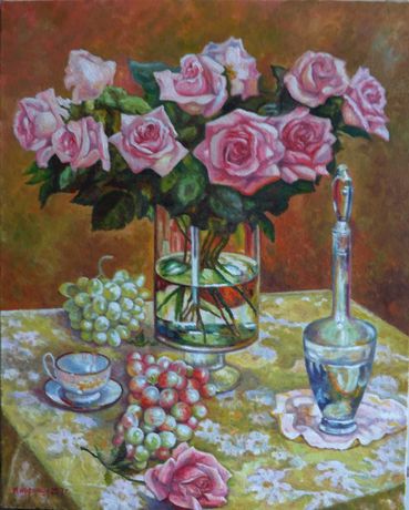 Картина маслом "Розы и виноград."