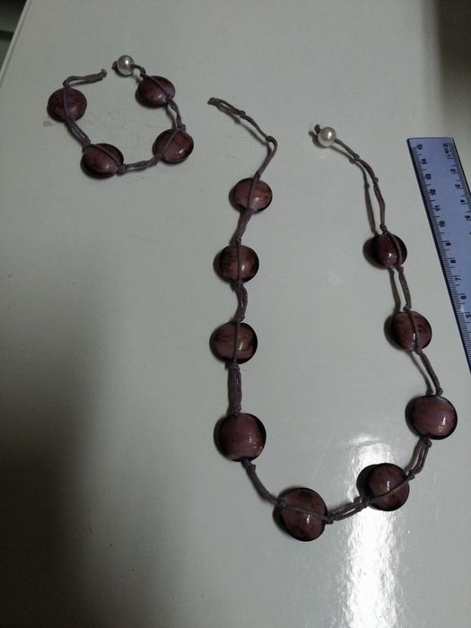 Naszyjnik i bransoletka, szklo weneckie kolor fioletowy bez