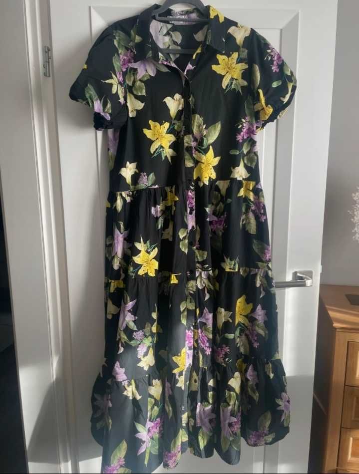 Reserved długa bawełniana sukienka w kwiaty bufki Floral print XL