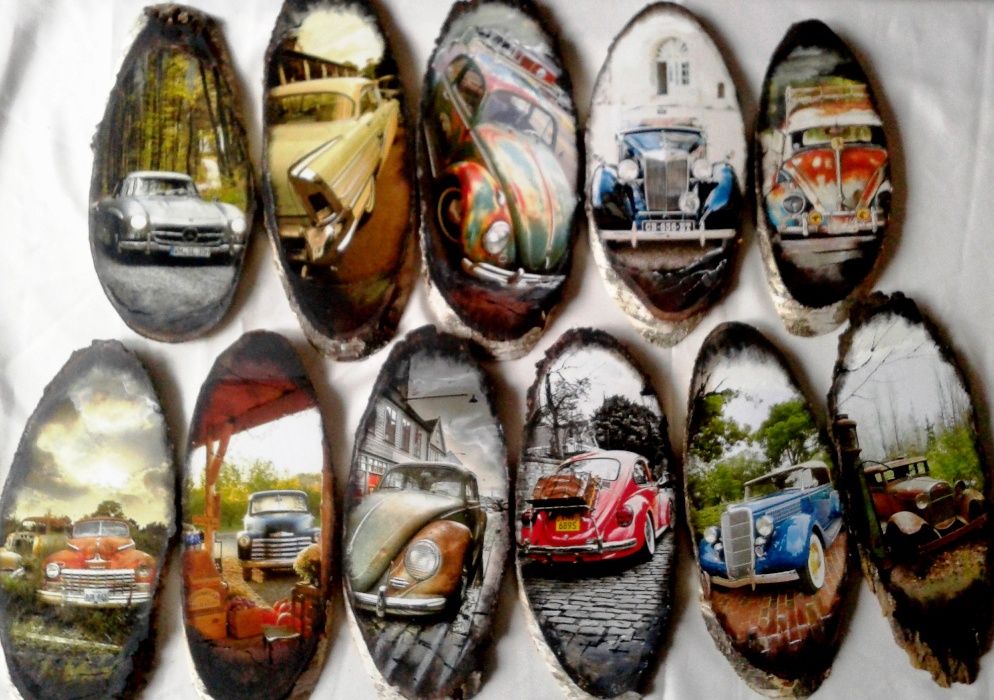 Серия картин на срезе дерева "Ретроавтопарк" декупаж ручная работа
