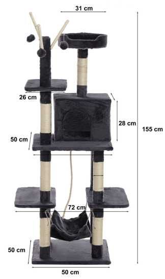 Drapak dla kota, wieża, 155cm z legowiskiem, drabinką i domkiem