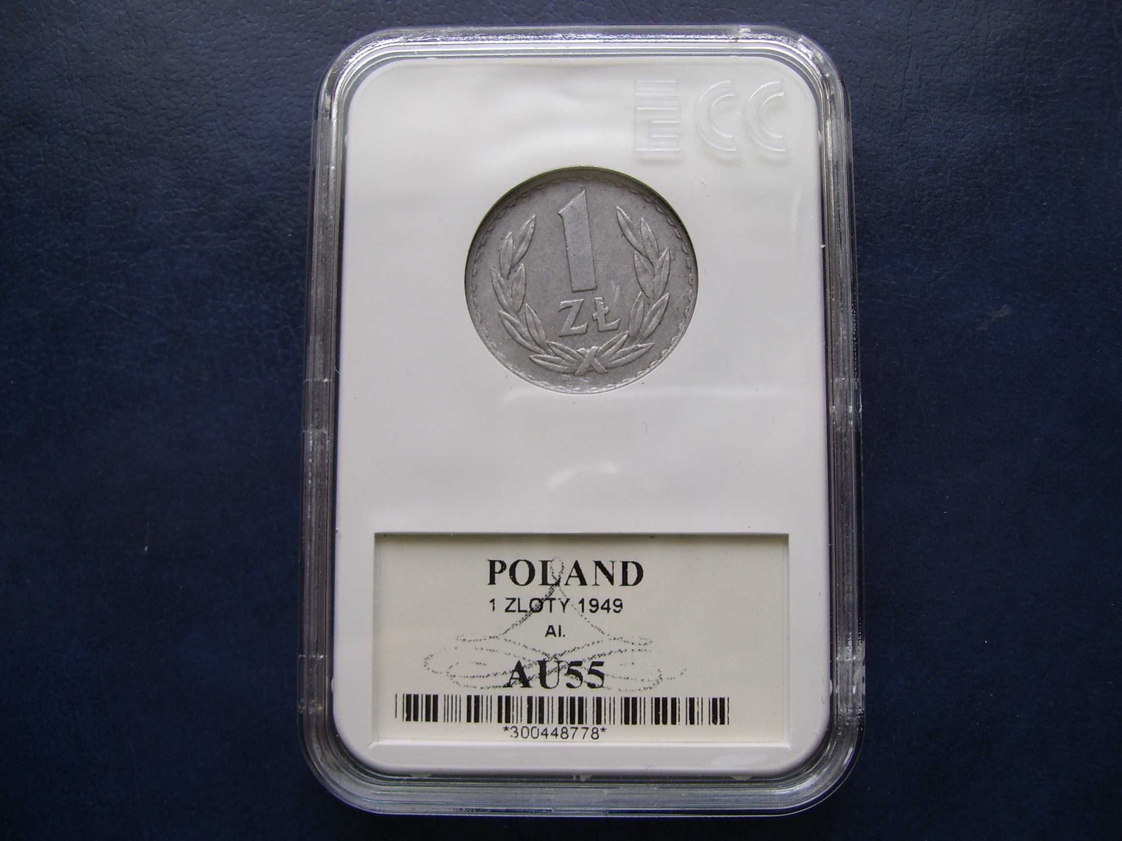 Stare monety 1 złoty 1949 AL skrętka Grading AU55 PRL piękna