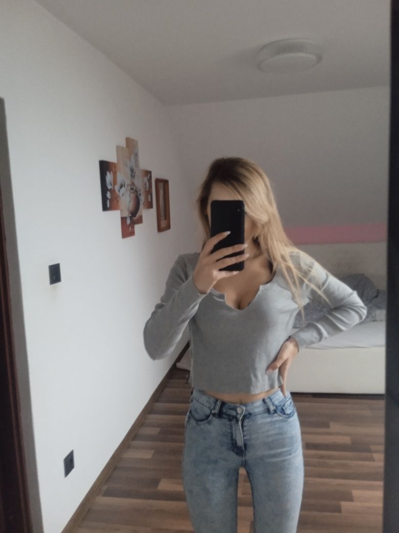 Szary crop top dekolt łódka bluzka bluza sweter sweterek bawełna S M L