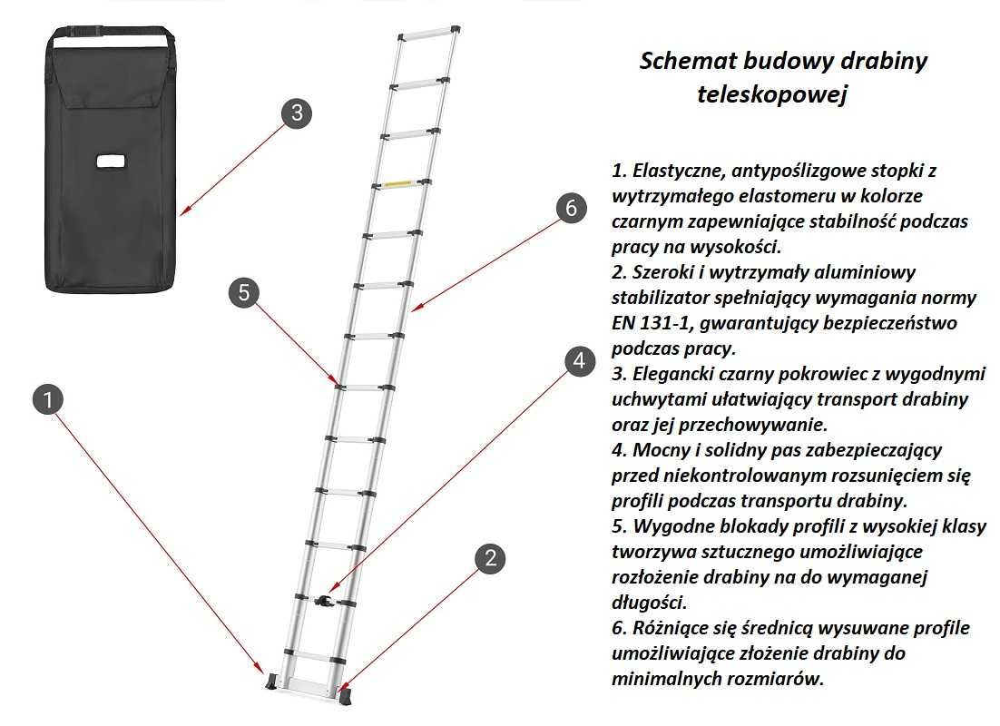 DRABINA ALUMINIOWA TELESKOPOWA przystawna o długości 380cm + torba