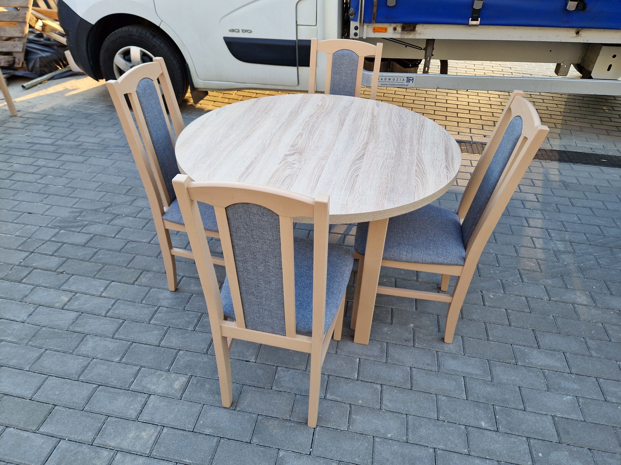 Nowe: Stół okrągły + 4 krzesła, sonoma + szary , transPL