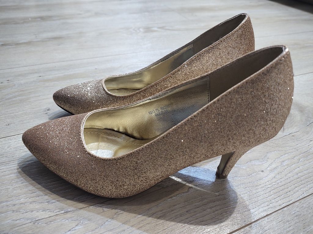 Buty na obcasie złoty brokat Level 38 wesele ślub przyjęcie